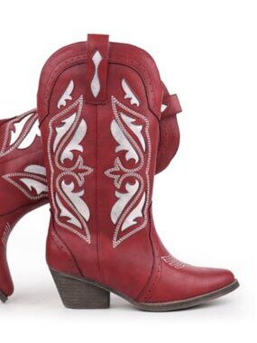 Women's Embroidered Stitched Mid Calf Cowboy Boots Pointed Toe Chunky Block Heel